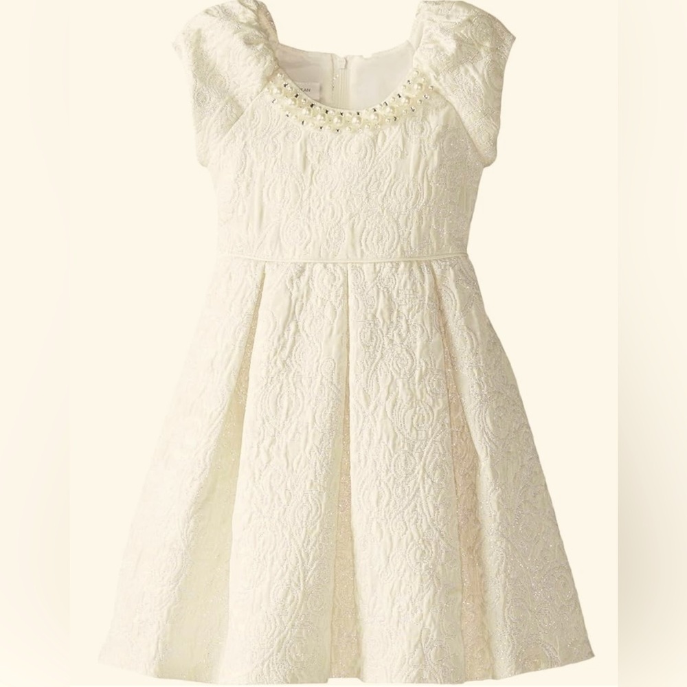 NWOT - Bonnie Jean. All Over Brocade Dress with Pearls. Ivory with silver thread